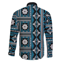 Fiji Masi Tapa Pattern Blue Family Matching Off Shoulder Short Dress and Hawaiian Shirt - Polynesian Pride