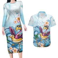Hawaii Flamingo Couples Matching Long Sleeve Bodycon Dress and Hawaiian Shirt Plumeria Tropical Beach LT01 Blue - Polynesian Pride
