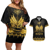 Haiti Neg Marron Gold Couples Matching Off Shoulder Short Dress and Hawaiian Shirt Lespwa pa anyen san aksyon LT01 Gold - Polynesian Pride