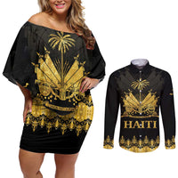 Haiti Neg Marron Gold Couples Matching Off Shoulder Short Dress and Long Sleeve Button Shirt Lespwa pa anyen san aksyon LT01 Gold - Polynesian Pride