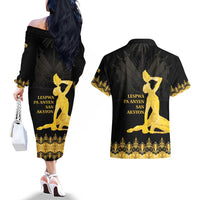 Haiti Neg Marron Gold Couples Matching Off The Shoulder Long Sleeve Dress and Hawaiian Shirt Lespwa pa anyen san aksyon LT01 - Polynesian Pride