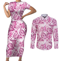 Pink Ribbon Hibiscus Tropical Pattern Couples Matching Short Sleeve Bodycon Dress and Long Sleeve Button Shirt Breast Cancer