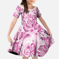 Pink Ribbon Hibiscus Tropical Pattern Family Matching Off The Shoulder Long Sleeve Dress and Hawaiian Shirt Breast Cancer LT01 Daughter's Dress Pink - Polynesian Pride
