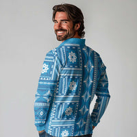 Fiji Masi All Blue Long Sleeve Polo Shirt Tapa Pattern - Polynesian Pride