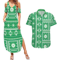 Fiji Masi All Green Couples Matching Summer Maxi Dress and Hawaiian Shirt Tapa Pattern LT01 Green - Polynesian Pride