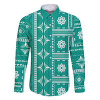 Fiji Masi All Teal Family Matching Off The Shoulder Long Sleeve Dress and Hawaiian Shirt Tapa Pattern - Polynesian Pride