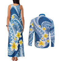 Plumeria Polynesian Blue Glitter Pattern Couples Matching Tank Maxi Dress and Long Sleeve Button Shirt