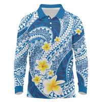 Plumeria Polynesian Blue Glitter Pattern Long Sleeve Polo Shirt