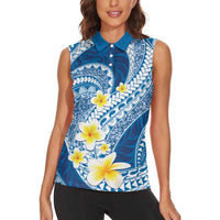Plumeria Polynesian Blue Glitter Pattern Women Sleeveless Polo Shirt