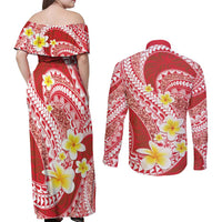Plumeria Polynesian Coral Glitter Pattern Couples Matching Off Shoulder Maxi Dress and Long Sleeve Button Shirt