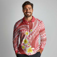 Plumeria Polynesian Coral Glitter Pattern Long Sleeve Polo Shirt