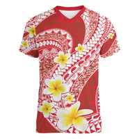 Plumeria Polynesian Coral Glitter Pattern Women V-Neck T-Shirt