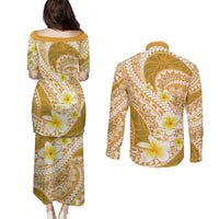 Plumeria Polynesian Gold Glitter Pattern Couples Matching Puletasi and Long Sleeve Button Shirt