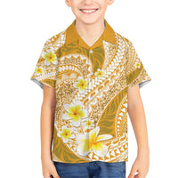 Plumeria Polynesian Gold Glitter Pattern Family Matching Short Sleeve Bodycon Dress and Hawaiian Shirt
