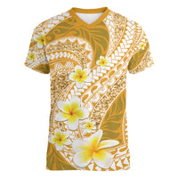 Plumeria Polynesian Gold Glitter Pattern Women V-Neck T-Shirt