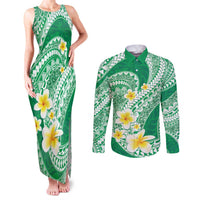 Plumeria Polynesian Green Glitter Pattern Couples Matching Tank Maxi Dress and Long Sleeve Button Shirt