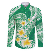 Plumeria Polynesian Green Glitter Pattern Family Matching Mermaid Dress and Hawaiian Shirt