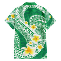 Plumeria Polynesian Green Glitter Pattern Family Matching Off Shoulder Maxi Dress and Hawaiian Shirt