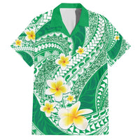 Plumeria Polynesian Green Glitter Pattern Family Matching Short Sleeve Bodycon Dress and Hawaiian Shirt