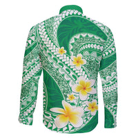 Plumeria Polynesian Green Glitter Pattern Family Matching Short Sleeve Bodycon Dress and Hawaiian Shirt