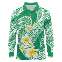 Plumeria Polynesian Green Glitter Pattern Long Sleeve Polo Shirt