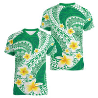 Plumeria Polynesian Green Glitter Pattern Women V-Neck T-Shirt