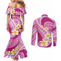 Plumeria Polynesian Pink Glitter Pattern Couples Matching Mermaid Dress and Long Sleeve Button Shirt