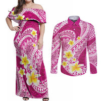 Plumeria Polynesian Pink Glitter Pattern Couples Matching Off Shoulder Maxi Dress and Long Sleeve Button Shirt