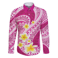 Plumeria Polynesian Pink Glitter Pattern Family Matching Long Sleeve Bodycon Dress and Hawaiian Shirt