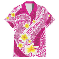 Plumeria Polynesian Pink Glitter Pattern Family Matching Short Sleeve Bodycon Dress and Hawaiian Shirt