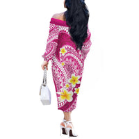 Plumeria Polynesian Pink Glitter Pattern Off The Shoulder Long Sleeve Dress