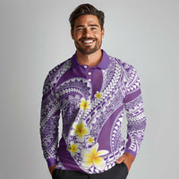 Plumeria Polynesian Purple Glitter Pattern Long Sleeve Polo Shirt