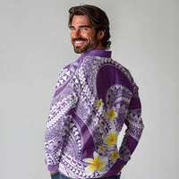 Plumeria Polynesian Purple Glitter Pattern Long Sleeve Polo Shirt
