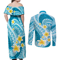 Plumeria Polynesian Sky Blue Glitter Pattern Couples Matching Off Shoulder Maxi Dress and Long Sleeve Button Shirt