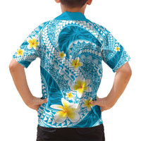 Plumeria Polynesian Sky Blue Glitter Pattern Family Matching Short Sleeve Bodycon Dress and Hawaiian Shirt