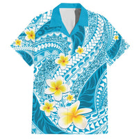 Plumeria Polynesian Sky Blue Glitter Pattern Family Matching Short Sleeve Bodycon Dress and Hawaiian Shirt