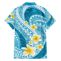 Plumeria Polynesian Sky Blue Glitter Pattern Family Matching Short Sleeve Bodycon Dress and Hawaiian Shirt