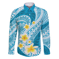 Plumeria Polynesian Sky Blue Glitter Pattern Family Matching Summer Maxi Dress and Hawaiian Shirt