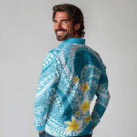 Plumeria Polynesian Sky Blue Glitter Pattern Long Sleeve Polo Shirt