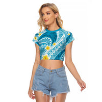 Plumeria Polynesian Sky Blue Glitter Pattern Raglan Cropped T Shirt