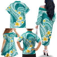 Plumeria Polynesian Teal Glitter Pattern Family Matching Off The Shoulder Long Sleeve Dress and Hawaiian Shirt LT01 - Polynesian Pride