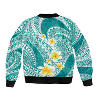 Plumeria Polynesian Teal Glitter Pattern Sleeve Zip Bomber Jacket