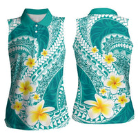 Plumeria Polynesian Teal Glitter Pattern Women Sleeveless Polo Shirt
