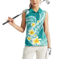 Plumeria Polynesian Teal Glitter Pattern Women Sleeveless Polo Shirt