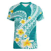 Plumeria Polynesian Teal Glitter Pattern Women V-Neck T-Shirt