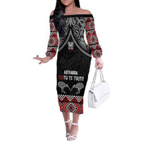 Aotearoa Toitu Te Tiriti Waitangi Family Matching Off The Shoulder Long Sleeve Dress and Hawaiian Shirt Proud To Be Maori LT01 Mom's Dress Black - Polynesian Pride