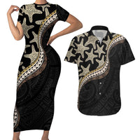 Beige Polynesian Starfish Unique Pattern Couples Matching Short Sleeve Bodycon Dress and Hawaiian Shirt