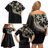 Beige Polynesian Starfish Unique Pattern Family Matching Off Shoulder Short Dress and Hawaiian Shirt