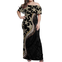 Beige Polynesian Starfish Unique Pattern Off Shoulder Maxi Dress