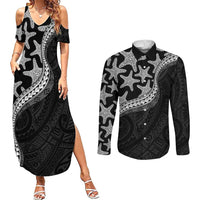 Monotone Polynesian Starfish Unique Pattern Couples Matching Summer Maxi Dress and Long Sleeve Button Shirt